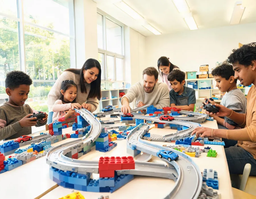 Children and adults testing toy racing tracks together