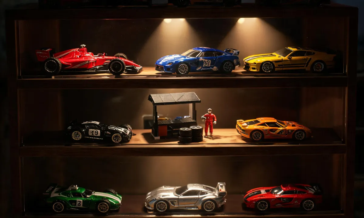 Collectible racing cars arranged on a display shelf