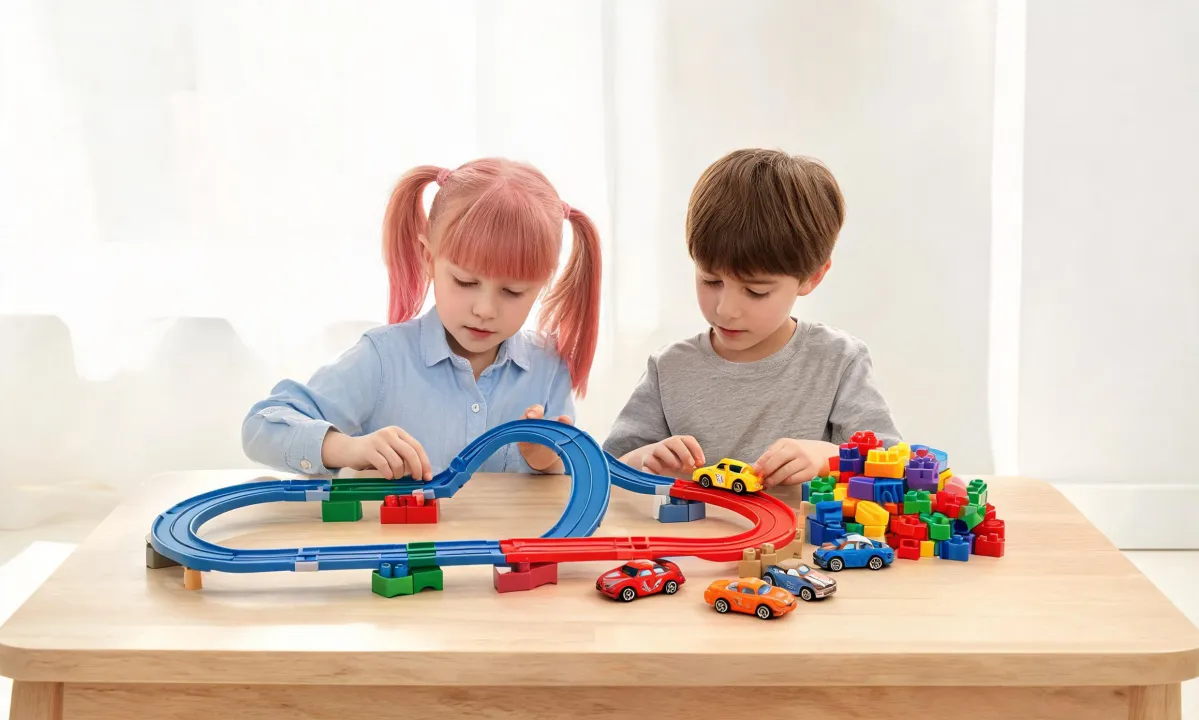 Children building a modular racing track